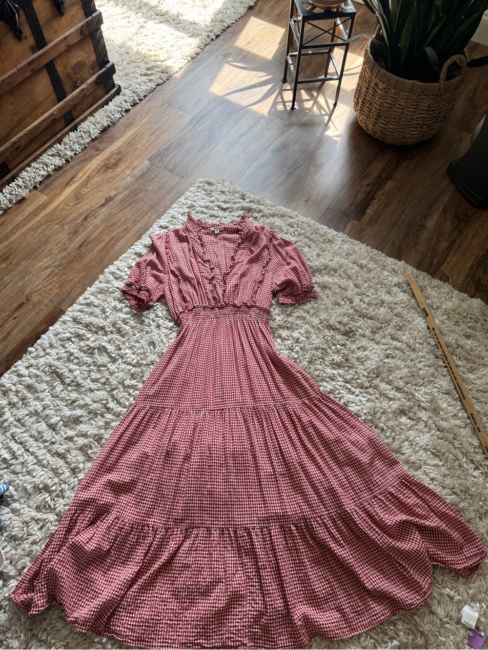 Max Studio Red Gingham Tiered Maxi Dress with Ruffle V-Neck